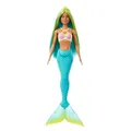 Barbie Meerjungfrau-Puppe mit fantasievollem zweifarbigem Haar in Blau und Gelb, Haarband, Puppe mit Muscheloberteil und türkisfarbener Schwanzflosse, HRR03