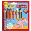 STABILO Buntstift Wasserfarbe & Wachsmalkreide woody 3 in 1, Jubiläumsedition, Einhorn, 6er Set + Spitzer