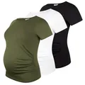 Umstandsshirt 3er Set unifarben Umstandsmode Schwangerschaft Schwangerschaftsshirt, Kurzarm (Schwarz, Weiß, Khaki, M)