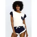 DKaren Schlafanzug Damen Kurzarm Pyjama Shorty Rüschen Nachtwäsche (Set, 2 tlg., Kurzarmshirt + Kurze Hose) blau XL-42