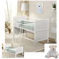 Baby Delux Babybett 70x140 cm weiß Kinderbett umbaubar zum Juniorbett mit Beißschienen Jack Kiefer Massivholz inkl. Teddy Kuscheltier