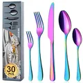 BEWOS Regenbogen Besteck Set für 6 Personen, 30 teilig Bunte Essbesteck Set inkl. Messer, Gabel, Löffel, Besteck Edelstahl Spiegelpoliert, Spülmaschinenfest