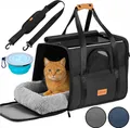 CADOCA® Transportbox Katzen bis 20kg faltbar Sonnen- und Regendach Schultergurt mit Napf Atmungsaktiv Komfortabel Wendekissen Haustier Katzenbox Tragetasche Hunde Auto Anthrazit