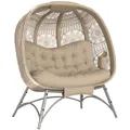 Outsunny 2-Sitzer Gartenstuhl, Korb-Stuhl mit Faltbarem Korb, Papasansessel mit Kissen, Loungesessel bis 240kg belastbar für Balkon, Terrasse, 126 x 75 x 142 cm, Sand