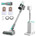 HAUSHOF Akku Staubsauger mit Absaugstation, Kabelloser Staubsauger 3-in-1, 24kPa Saugleistung, 2,1L Selbstleerender Beutel, Nachtmodus & Duftfunktion, V-förmige Bürste, LED-Licht, Ideal für Teppiche