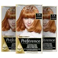 L'Oréal Paris Permanente Haarfarbe, Haarfärbeset mit Coloration und Farbglanz-Pflegebalsam, Préférence, 7.4 Kupferblond, 3er Set