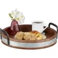 Relaxdays Serviertablett Mangoholz Eisen Braun Silber Schwarz mit Metallrand und Griffen 36 cm x 35 cm x 9 cm 1,6 kg