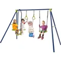 COSTWAY 3-in-1-Kinderschaukel mit Schaukel, Wippe und Turnringe, Schaukelgestell aus Metall, Schaukelgerüst Gartenschaukel für Garten, Hof, Park - Blau/Grün