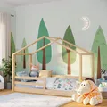 Bellabino Abia Kinderbett 90x200 cm – Hausbett mit Rausfallschutz & Lattenrost – Montessori Bodenbett aus Massivholz Kiefer – Kinder Bett in Natur für Jungen und Mädchen