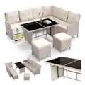 Juskys Gartenlounge Manacor creme - Sofa, Tisch, Hocker & Kissen - 8 Personen - Sitzbezüge in Sand