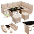 Juskys Polyrattan Lounge Manacor - Sofa, Tisch, Hocker & Kissen - Creme / Sand