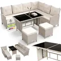 Juskys Polyrattan Lounge Manacor – Gartenlounge Mit Sofa, Tisch, 2 Hocker & Kissen – Gartenmöbel Set Bis 8 Personen – Creme, Sitzbezüge In Sand