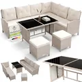 Juskys® Polyrattan Lounge Manacor mit Ecksofa, Esstisch, 2 Hocker & Kissen - Creme/Sand - wetterfest bis 7 Personen - Bezüge waschbar - Rattan Garten Sitzgruppe Gartenlounge Gartenmöbel Set