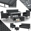 Juskys Gartenmöbel Set Polyrattan 6-teilig – Lounge Möbel Turin für 7 Personen mit Sesseln, Hockern, Tisch & Kissen, wetterfeste Balkonmöbel Sitzgruppe – Schwarz