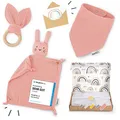 Räuberella® Baby-Geschenk-Set in Rosa I 4-teiliges Neugeborenen-Geschenkset mit Geschenkkarte, Musselin-Schmusetuch, Beißring & Lätzchen I Geschenk zur Geburt aus hochwertiger Bio-Baumwolle