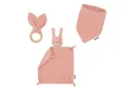 Räuberella Neugeborenen-Geschenkset Baby Geschenkset Rosa – Schmusetuch, Holz-Beißring & Halstuch (3-tlg) Bio-Musselin, unbehandeltes Holz, 4 Druckknöpfe