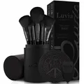 Make-up Pinselset 15-teilig vegan | 12 Profi Schminkpinsel | inkl. Blender, Reinigungsmatte & Pinselaufbewahrung aus veganem Leder | Prime Vegan Black | Schwarz | Luvia