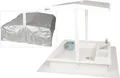 WONDERMAKE Sandkasten mit Abdeckung Deckel Dach, 2x Matschküche, Boden Vlies Sandkiste Holz, Design mit Bank quadratisch verschließbar Outdoor Garten weiß silber