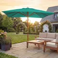 Gastronomie Holz-Sonnenschirm MCW-C57, Gartenschirm, Polyester/Holz 14kg, eckig 3x3m Seilzug stoßsicher ~ blau-grün