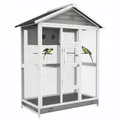 PawHut Voliere Vogelvoliere aus Holz, Vogelkäfig mit 4 Sitzstangen, Stahlgittern, 2 Türen, Vogelhaus für Sittiche, Finken, Stahl, Grau, 112 x 68 x 154 cm