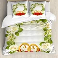 ABAKUHAUS Hochzeit Bettbezug, Rosen Trauringe, Milbensicher Allergiker geeignet mit Kissenbezügen, 155 cm x 220 cm - 80 x 80 cm, Weiß, Grün, Rot