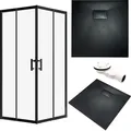 SET Duschkabine + Duschwanne 90x90 193 cm - Quadratisch Transparent Gehärtet Nano Glas 6 mm Schwarz Steinoptik SMC inkl. Siphon | BADLAND HELA VIDAR - Transparent