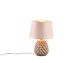 Kleine Retro Tischleuchte mit Keramikfuß und Samtschirm in Beige/Gold, Höhe 27cm