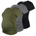 M.M.C. Umstandsshirt 3er Set unifarben Umstandsmode Schwangerschaft Schwangerschaftsshirt, Kurzarm (Schwarz, Dunkelgrau, Khaki, L)