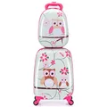 COSTWAY 2tlg Kinderkoffer + Rucksack, Kindertrolley aus Kunststoff, Kindergepäck, Kinder Kofferset Handgepäck Reisegepäck Hartschalenkoffer für Jungen und Mädchen (Rosa Eule, 12"+16")