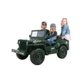 Jeep Willys Kinder-Elektroauto, 3 Sitze und 3 Gurte, Schaufel, Ersatzrad, Federung, Allrad 4x4, LEDs