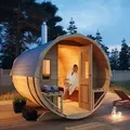 FinnTherm Fass-Sauna Sam, Aussensauna Fichte unbehandelt, Natur, ohne Ofen 2,80 x 2,19 m - Naturbelassen
