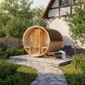 FinnTherm Fass-Sauna Sam, Aussensauna Fichte unbehandelt, Natur, ohne Ofen 2,80 x 2,19 m