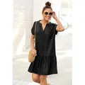Blusenkleid S.OLIVER, Damen, Gr. 34, N-Gr, schwarz, Web, Obermaterial: 100% Viskose, unifarben, modisch, figurumspielend ca. Mitte Oberschenkel, V-Ausschnitt, Kurzarm, Kleider, mit Volant am Rock, Tunikakleid, Sommerkleid, Basic, Topseller