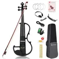Vangoa 4/4 Elektrische Violine E Geige aus Massivem Holz Electric Stille Violine in Volle Größe mit Kolophonium, Tragetasche, Audiokabel, Schulterstütze, Bogen, Schwarz