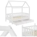 Kinderbett Marli 90 X 200 Cm Mit Bettkasten 2-teilig, Rausfallschutz, Lattenrost & Dach - Massivholz Hausbett Für Kinder - Bett In Weiß - Juskys