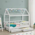 Juskys® Kinderbett Marli 90 x 200 cm mit Bettkasten 2-teilig, Rausfallschutz, Lattenrost & Dach - Massivholz Hausbett für Kinder - Bett in Weiß