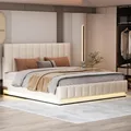 MODFU Polsterbett 160x200 Doppelbett mit Matratze,Jugendbett mit LED, Metalllattenrost und Bettkasten,mit Bettkasten und höheverstellbarem Polsterkopfteil,Weiß(mit Matratze)