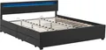 Juskys Polsterbett Lyon 180 x 200 cm mit Bettkasten, LED Beleuchtung, Lattenrost & Matratze - Kunstleder & Holz – Bett Bettgestell Doppelbett schwarz