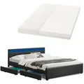 Polsterbett Lyon 180 X 200 Cm Mit Bettkasten, Led Beleuchtung, Lattenrost & Matratze - Kunstleder & Holz – Bett Bettgestell Doppelbett Schwarz - Juskys