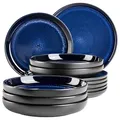 MÄSER 931972, Serie Niara, Modernes Teller Set für 6 Personen in aufregendem Vintage Look, 12-teiliges Tafelservice aus Keramik in Blau und Schwarz, Steinzeug