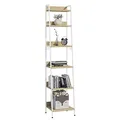 WOLTU Bücherregal Standregal mit 6 Ebenen, Küchenregal mit 4 Haken, Bücherregal im Industriestil, Lagerregal im Wohnzimmer Küche, Regal aus MDF Metall, schmales Leiterregal weiß RGB30whe