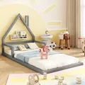 Kinderbett mit Lattenrost, 90x200 cm, Hausbett, Bodenbett, Jugendbett, Kiefer - Grau