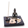 Zen Garten mit Buddha Figur - Japanischer Miniatur Garten - Feng Shui Räucherstäbchenhalter - Esotherik Set mit 3 Räucherstäbchen - Glücksbringer aus dem Buddhismus und Daoismus (Yin Yang Design)