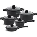 10 tlg. Elegante schwarze Töpfe, Glasdeckel mit Silikonrand und Silikongriffe, ideale Geschenkidee, 1.1L / 1.9L / 2.6L / 4.6L / 6.8L - Schwarz