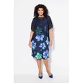 Ulla Popken Cocktailkleid Kleid Blüten doppellagig U-Boot-Ausschnitt Halbarm schwarz 50/52