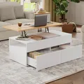 BTM 100x50x40cm Couchtisch Höhenverstellbarer Kaffeetisch mit Verstecktem Stauraum, Wohnzimmertisch, 2 Schubladen, Sofatisch, halboffenem Stauraum, Beistelltisch, Weiß+Holzfarbe