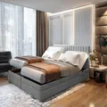TRADA Boxspringbett ADÈLE 160x200 cm - elektrische Bett mit Matratze + Tooper und Bettkasten - Stoffbezug Veloursstoff - Hellgrau