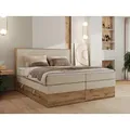 MKS MEBLE Boxspringbett WOOD CLASSIC KING, Doppelbett mit zwei Multipocket-Matratze und Topper T25, hohe Kopfteil, Stauraum - 140 x 200 cm - H4 - C... - Creme