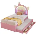 Polsterbett mit Stauraum und LED-Beleuchtung, 90x200 cm, Kopfteil höhenverstellbar, Kinderbett, Einzelbett, Kunstleder - Rosa