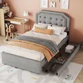 Flieks Polsterbett Stauraumbett 90x200cm mit 2 Schubladen, Jugendbett Einzelbett mit Lattenrost, Holzbett Kinderbett mit verstellbar Kopfteil, Leinen